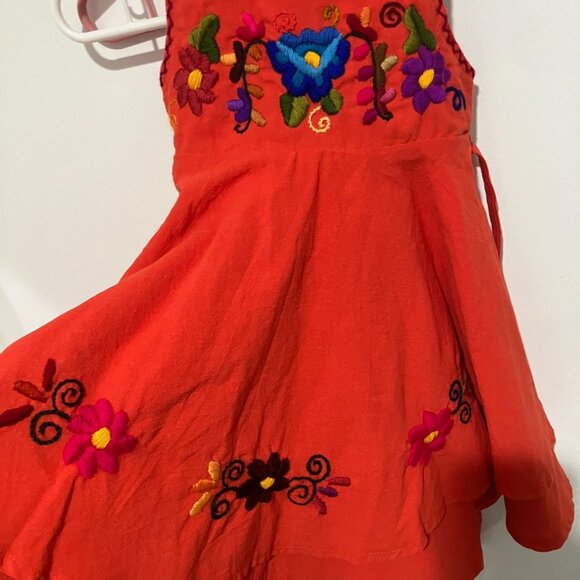 Little Girl's Hand Embroidered Mexican Summer Dress, Orange/Red, Size 6 - Picture 4 of 4